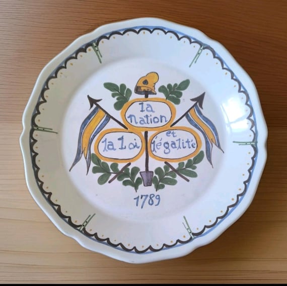 Antique Nevers plate signed revolutionary "The nation, the law and equality" French earthenware