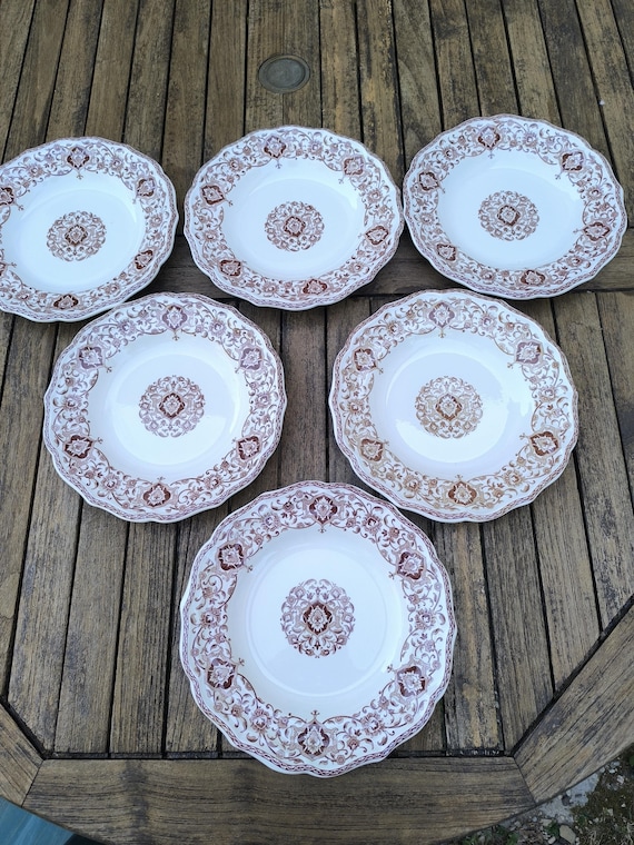 Gien earthenware beautiful set of six soup plates with brown floral lambrequin decoration number 2