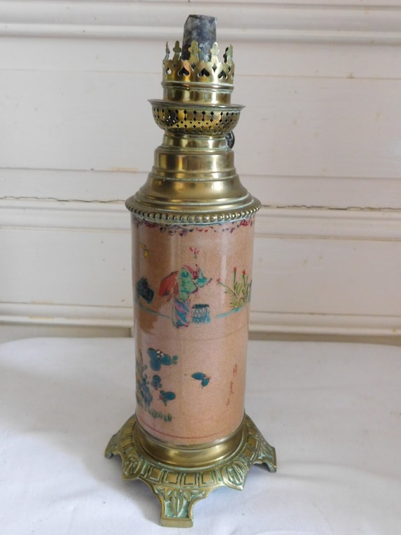 Old kerosene lamp vase scroll decor signed with Chinese and butterfly