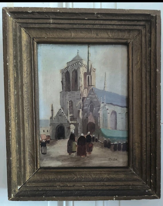 Made "Church of St Ronan in Locronan le marché" oil on cardboard framed after Charles Jaffeux (1902-1941) French school