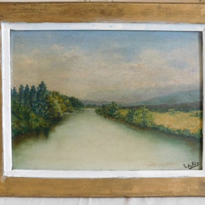 R. DUBÈS (20th century) oil on panel &quot;River and mountain landscape&quot; framed French school