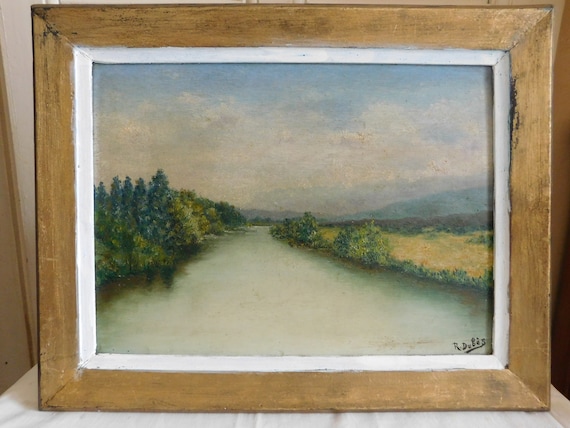 R. DUBÈS (XXth) oil on panel "River and mountain landscape" framed French school