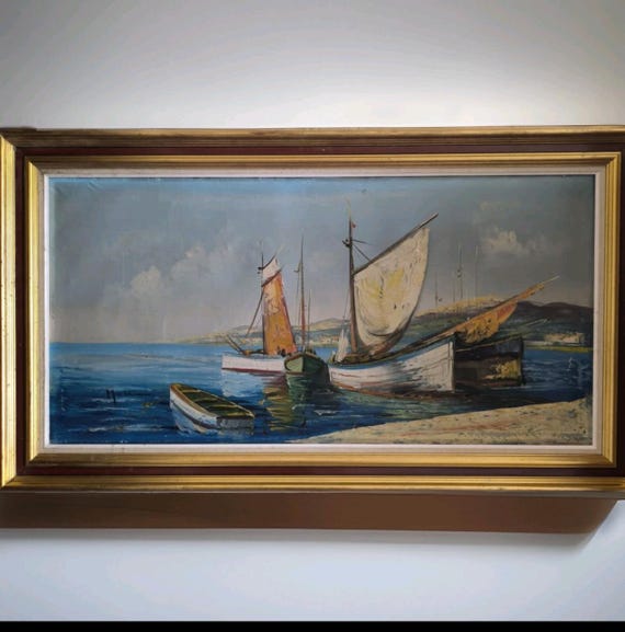 Large format oil painting on marine canvas signed Mollin "Sailboats in the Bay"
