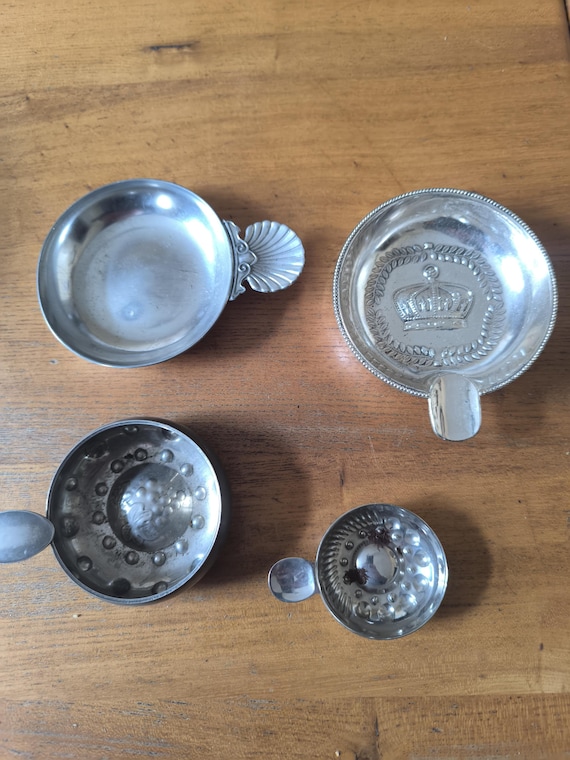 Set of silver-plated metal and tinplate wine tasting glasses, including Amora