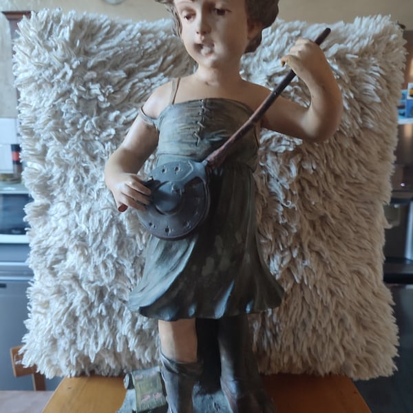 FLAMAND "Jeux d'enfant" statue terre cuite jeune fille au chariot et bassinoire