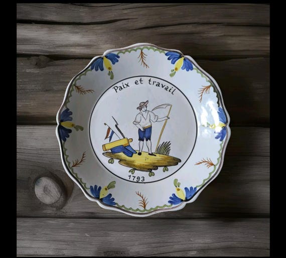 Old Nevers plate signed revolutionary theme "Peace and work 1793" French earthenware