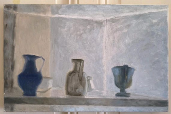 Oil on canvas signed Mireille BESSON (1932- ) "Display case with three objects" French school