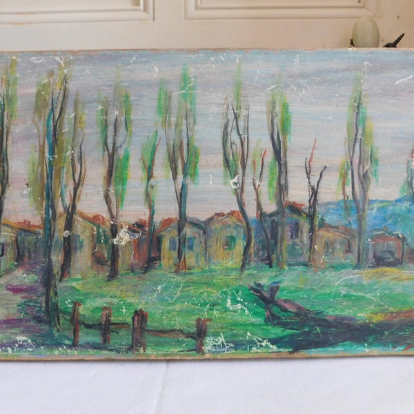 Jean Marcel HERAUT (1920-1982) "Maisons dans les arbres" paysage pastel contrecollé sur toile école française