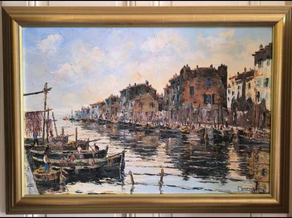 Henri Édouard BARGIN (1906-1980) "Les Martigues seen from the port" animated marine oil on canvas gilded wood frame French school