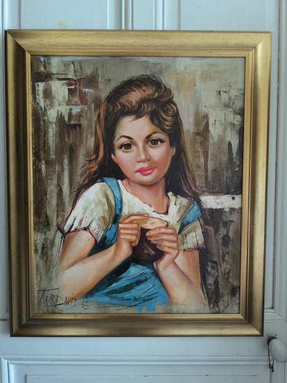 Oil on canvas David TIBOR "Young girl at the cafe" portrait dated 1963 framed