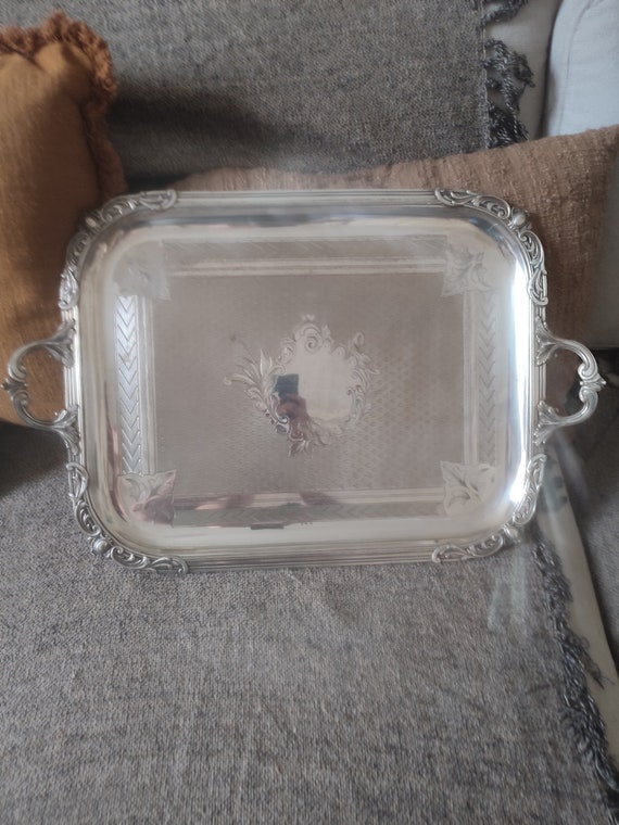 Ruolz large silver metal tray Louis XV foliage decor gadroon cartridges French goldsmithery