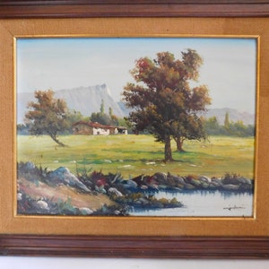 Very beautiful oil on hardboard mountain landscape farm signed framed French school 20th century