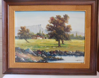 Very beautiful oil on isorel mountain landscape farm signed framed French school XXth