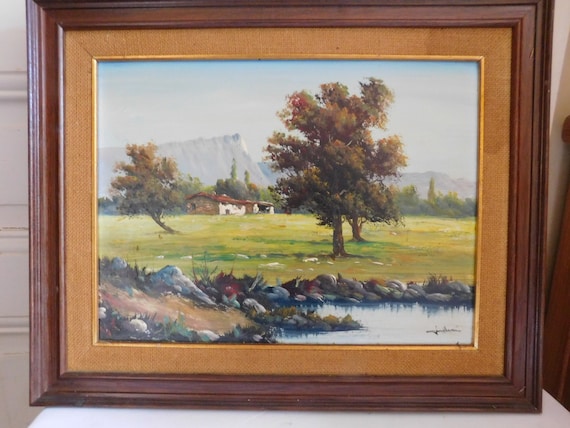 Very beautiful oil on isorel mountain landscape farm signed framed French school XXth