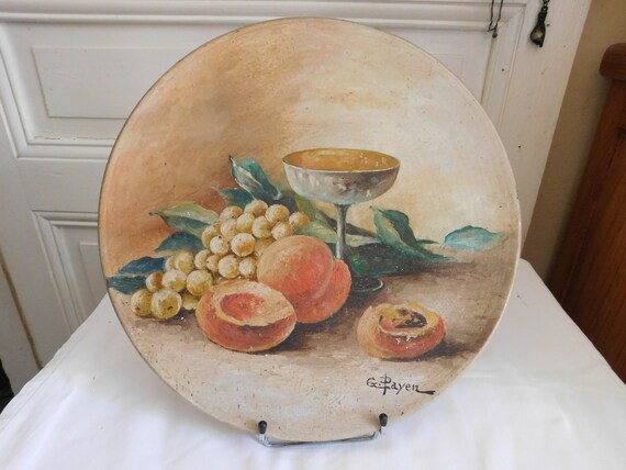 Terracotta dish "Still life with peach grapes and champagne glass" decor signed G PAYEN French school
