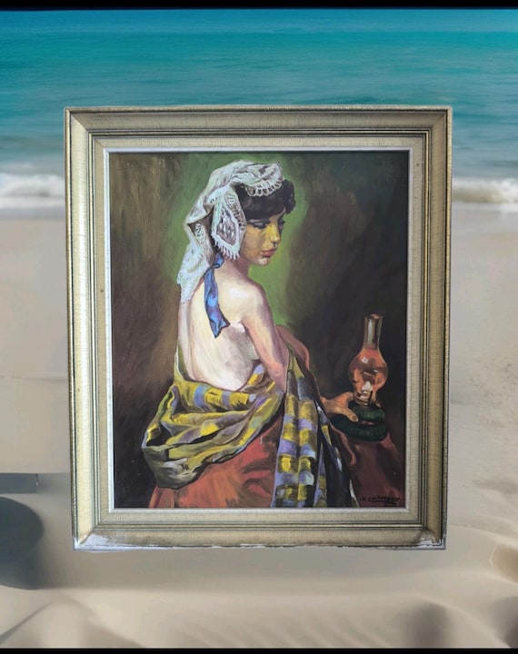 Oil on canvas R CHAMBON "Gypsy woman with lamp" framed female nude French school