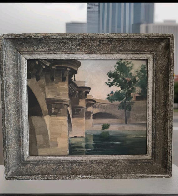 Unsigned oil on cardboard "View of the Pont Neuf in Paris" framed French painting