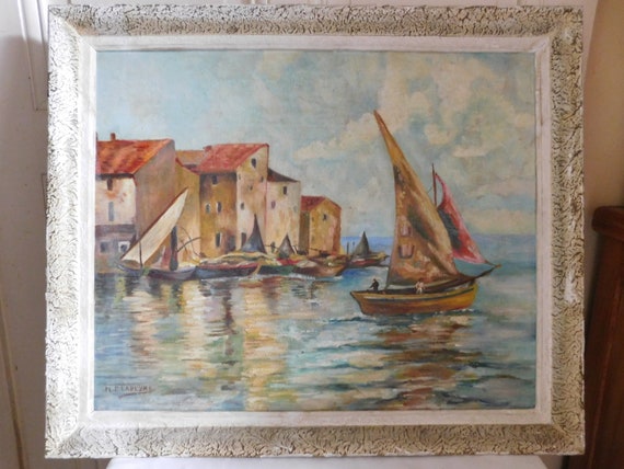 M. P. LAPEYRE XXth Marine oil on cardboard framed return from animated fishing