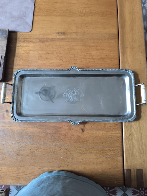 Antique Silver Metal Serving Tray with Interlacing Pattern - Vintage Elegance French Goldsmithing