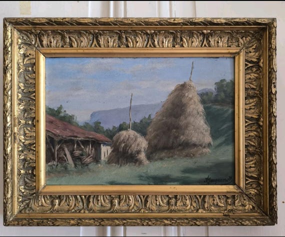 Countryside landscape with haystacks oil on cardboard signed JACQUEMOND framed French school