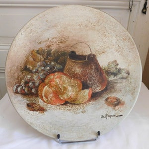 Terracotta dish &quot;Still life with grapes, fruit and cauldron&quot; decoration signed G PAYEN French school
