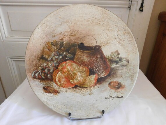 Terracotta dish "Still life with grape, fruit and cauldron" decor signed G PAYEN French school