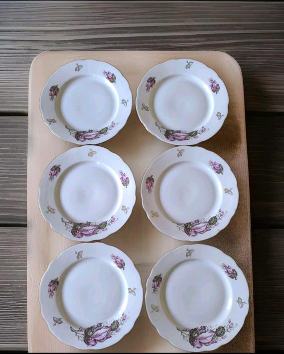 Beautiful set of six flat plates in Russian earthenware with pretty floral and gilding decoration
