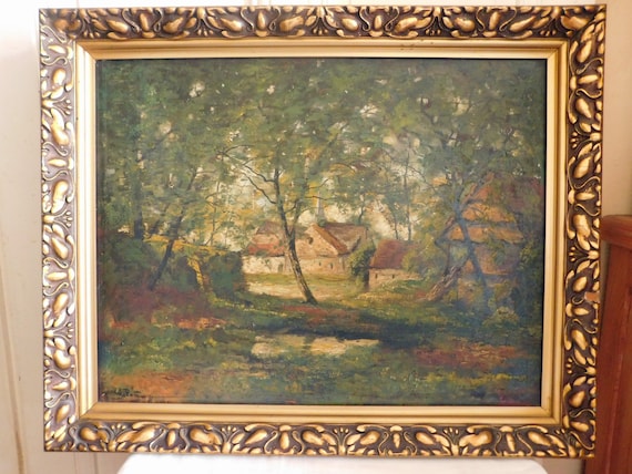 Adolphe POOT (1924-2006) "Houses in the heart of the forest" oil on panel gilded stuccoed frame Flemish school 20th century