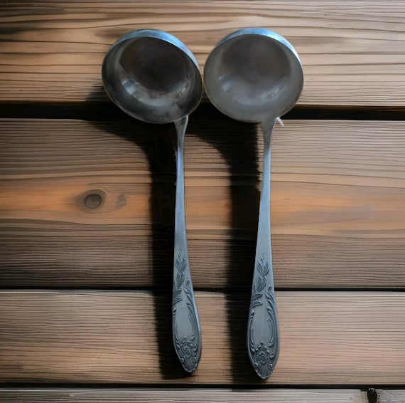 Set of two Russian USSR silver-plated metal ladles with shell foliage decoration