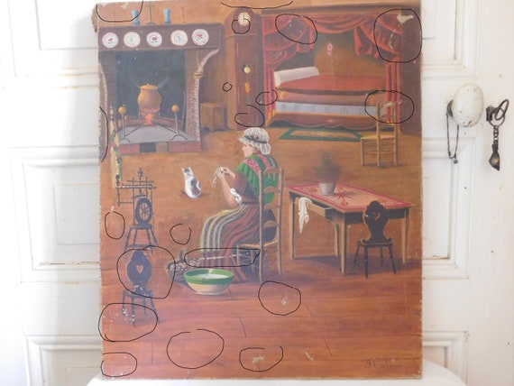 F. CABANES "Interior genre scene of a peasant farm, cat and fireplace" oil on canvas naive art early 20th century