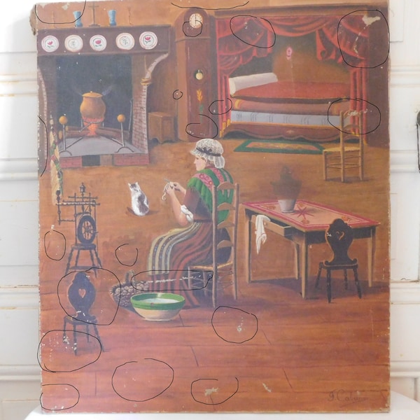 F. CABANES " Scène de genre intérieur de ferme paysanne chat et cheminée" huile sur toile art naïf début XXème