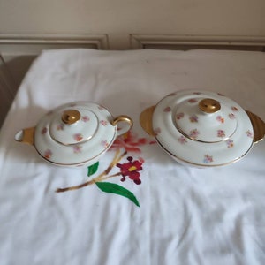 Giraud Milchkännchen und Zuckerdose Limoges Porzellan florale und vergoldete Dekoration