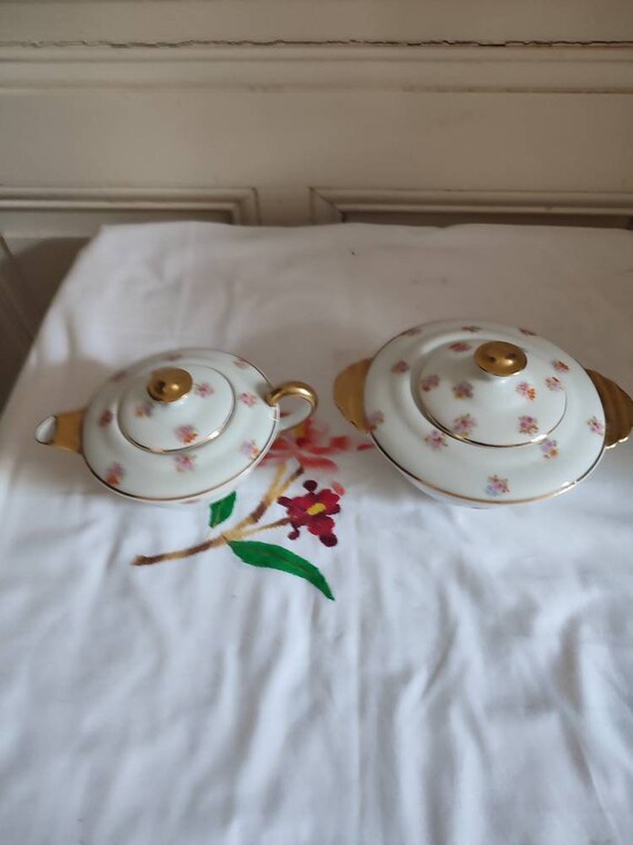 Giraud creamer and sugar maker Limoges porcelain floral and gilded decoration