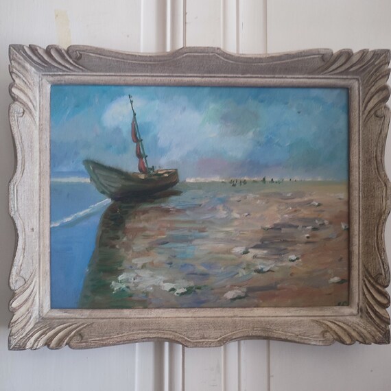 Oil on marine panel "Boat at anchor" monogrammed JC Montparnasse frame
