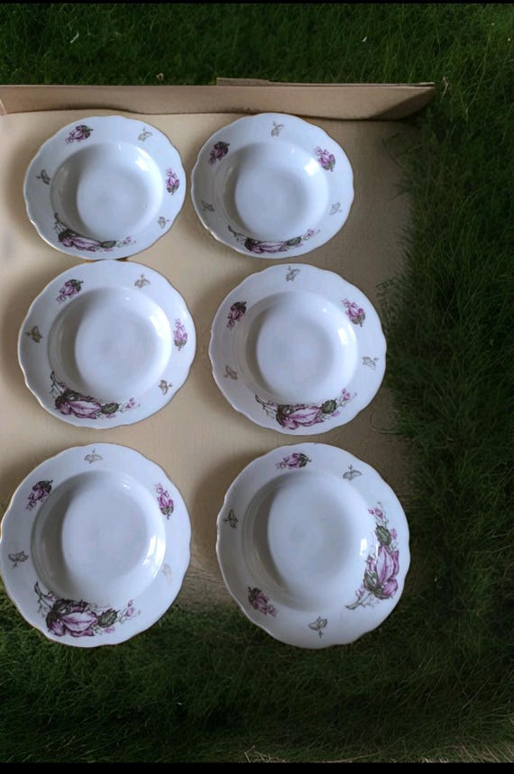 Beautiful set of six Russian earthenware soup plates with pretty floral and gilding decoration number 2