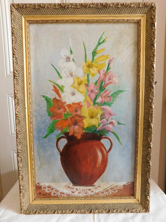 MARHNEM (XXth) oil on isorel "Still life with lilies" gilt wood frame