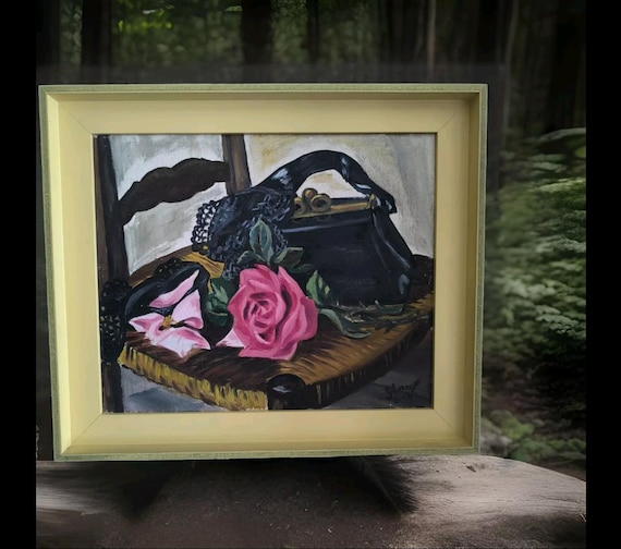 Gabrielle SORREL (20th century) oil on cardboard still life "Rose and black bag" 1951