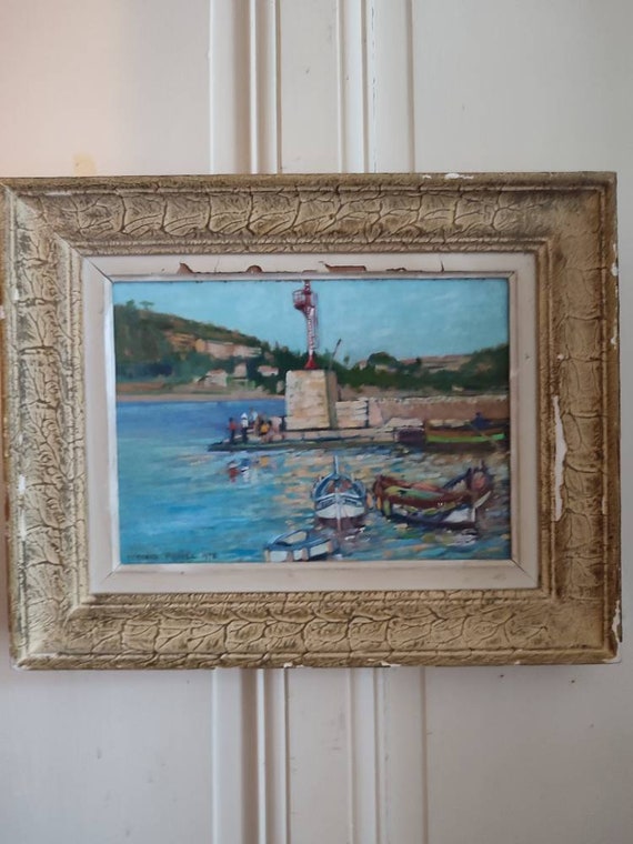 Fernand PROUST (XXth) marine "Small port of Villefranche" oil on panel 1975