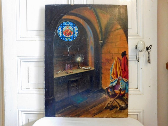 Small chapel with stained glass and candle" oil on hardboard panel French school 20th century