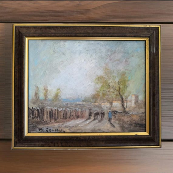 Michel CORNU (1950- ) "The herd leaving in the morning" landscape oil on panel Lyon school