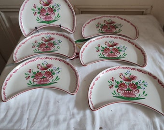 Set of six half-moon earthenware plates, Lunéville St Clément, Chanteclerc model, decorated with a flower basket and rooster number 2