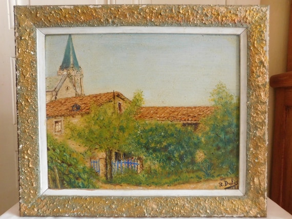 R. DUBÈS (XXth) oil on panel "View of village church and houses" framed French school