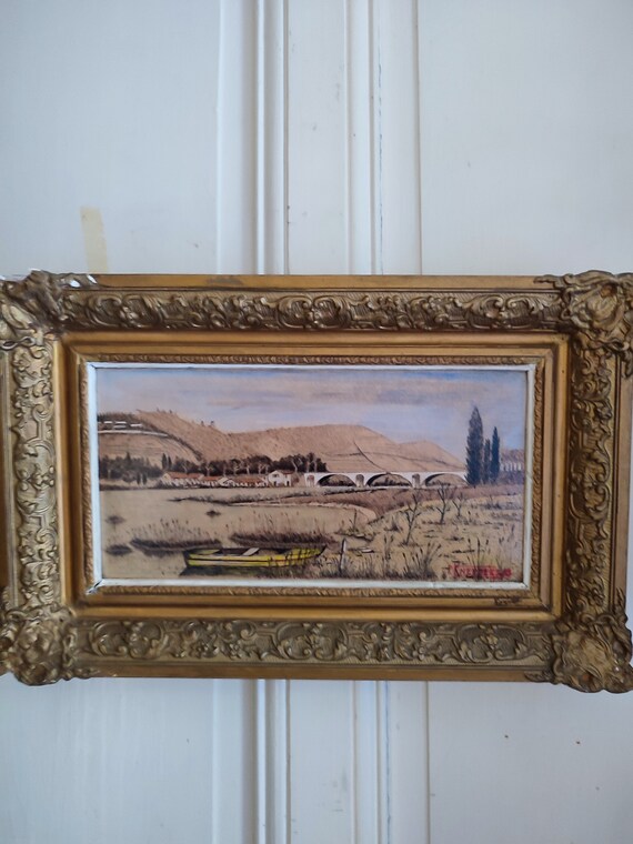 P. KNEPPERT (20th century) mixed technique on cardboard "Landscape of vine bridge village" gilded stuccoed wood frame French school