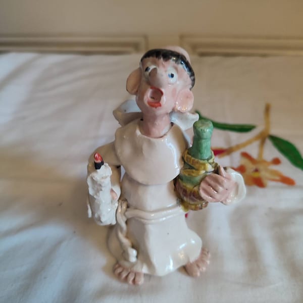 Faenza Gramaglia figurine en faïence italienne " Moine à la bougie et bouteille"