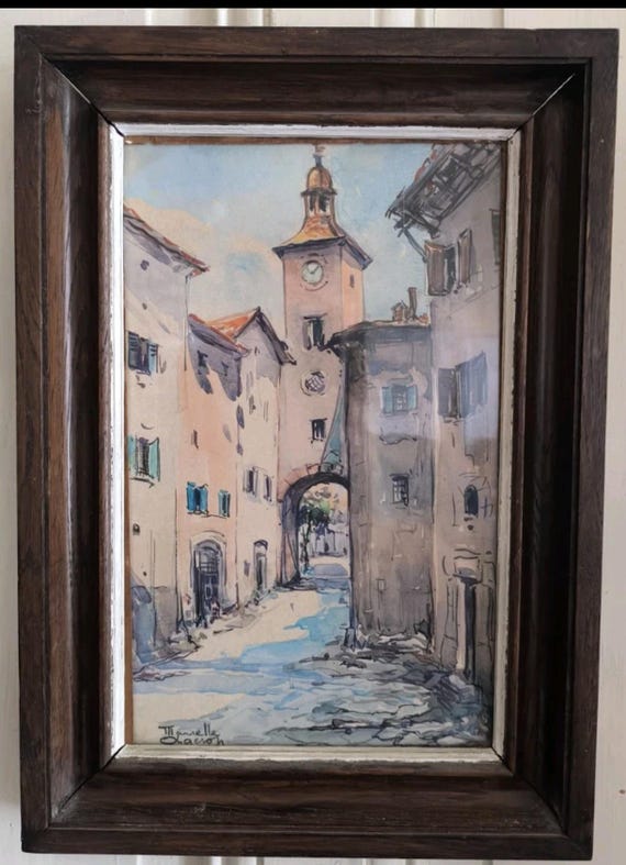 Marcelle AGERON (1902-1955) "Alley at the Church" watercolor framed under glass French painting