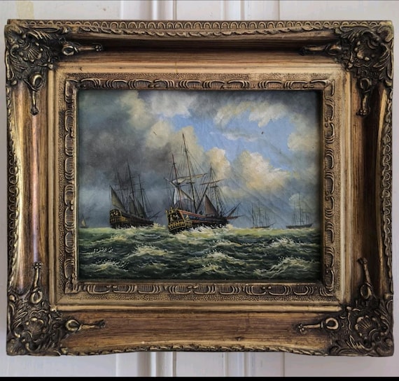 Unsigned oil on wood panel "Boats at sea" English navy? Beautiful frame English or French school