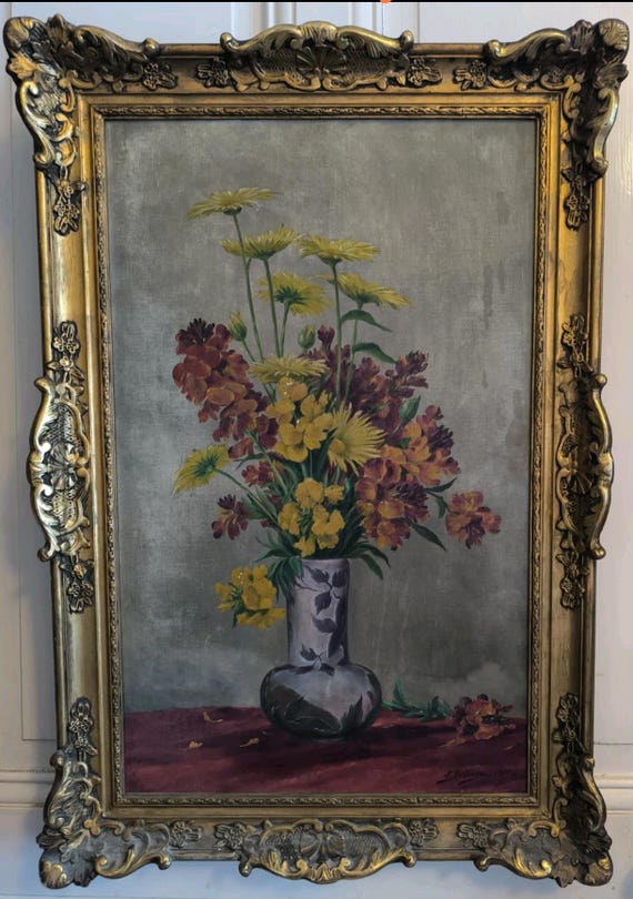 Oil on canvas signed J.DELINGE dated 1910 still life with bouquet of flowers rococo frame French school