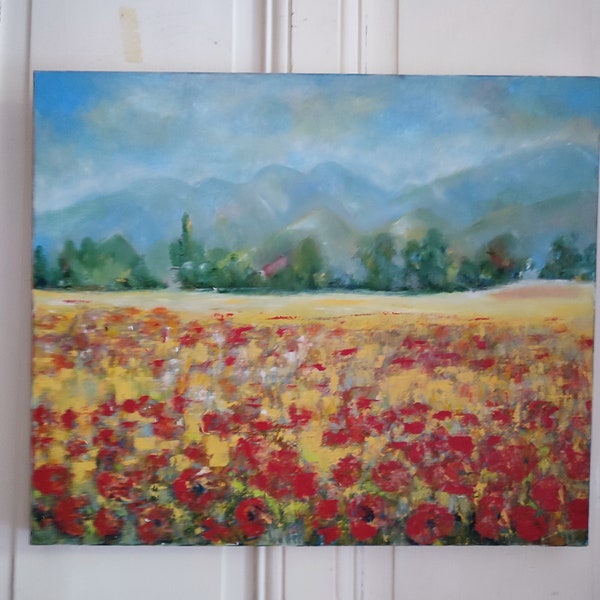 Huile sur toile  anonyme "Montagne au champ de coquelicot" école française XXeme