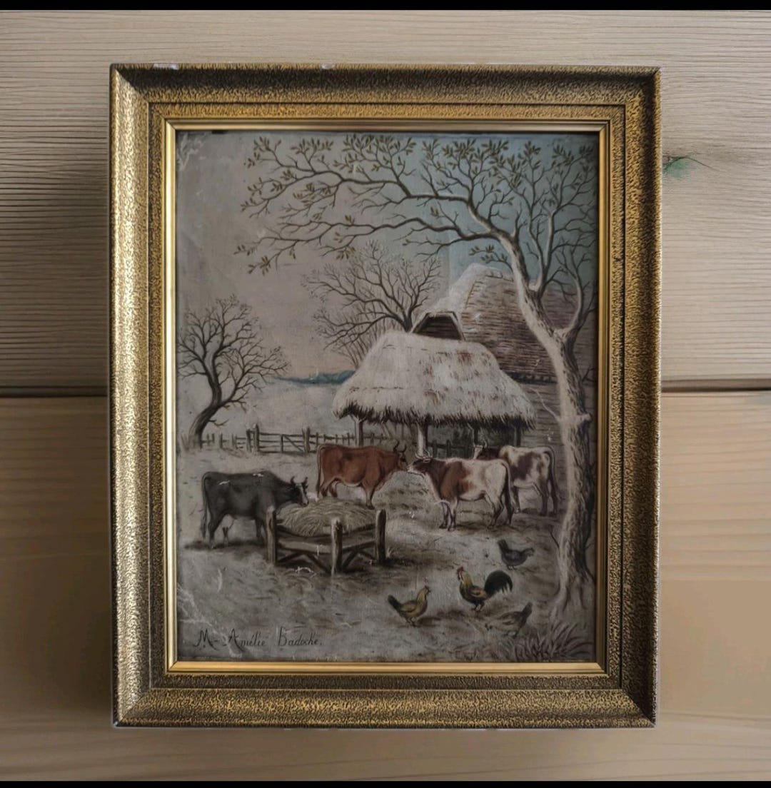 Rustic Winter Farm Painting With Cows and Chickens in Charming Vintage ...