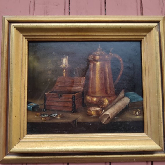 Oil on monogrammed panel CR "pitcher chest candlestick ring money book"